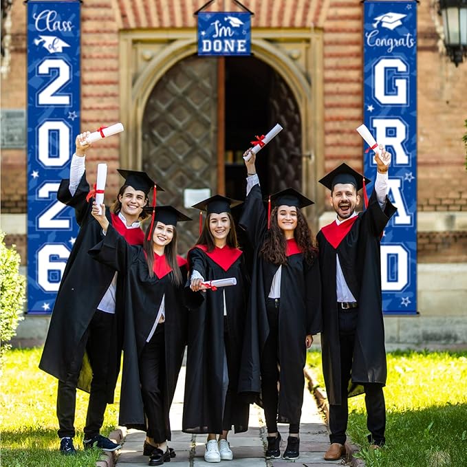 Moukeren 3 Pieces 2026 Graduation Party Decorations Graduation Porch Sign Class of 2026 Grad Hanging Porch Banner Backdrop Door Sign for Grad Party Home Door Wall Decor(Blue)