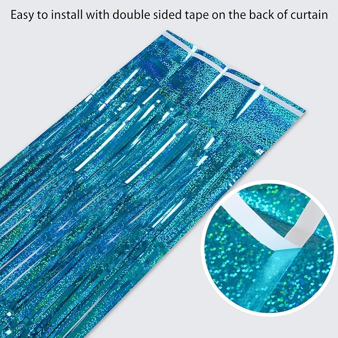 Foil Fringe Curtains Party Decorations - Melsan 3 Pack 3.2 x 8.2 ft Tinsel Curtain Party Photo Backdrop for Birthday Party Baby Shower or Graduation Decorations April fool's Day Decorations Teal