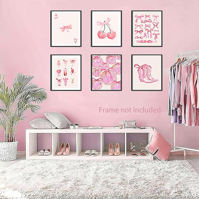 Ucninvd Pink Bow Wall Art Posters Set of 9 Trendy Coquette Preppy Wall Decor Paintings Disco Ball Girly Room Decor Aesthetic Canvas Pictures Prints for Bathroom Living Room Dorm 8x10Inch Unframed
