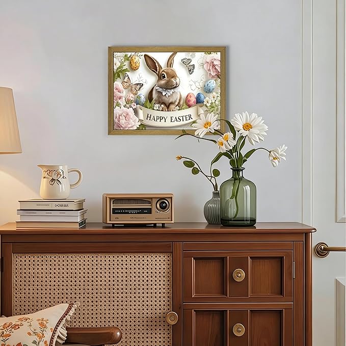 Framed Easter Bunny Wall Art, Vintage Holiday Decor Oil Painting, Rustic Farmhouse Spring Animal Wall Decor, Cute Rabbit Easter Eggs Canvas Print Paintings for Living Room Bedroom Nursery 16x24 Inch