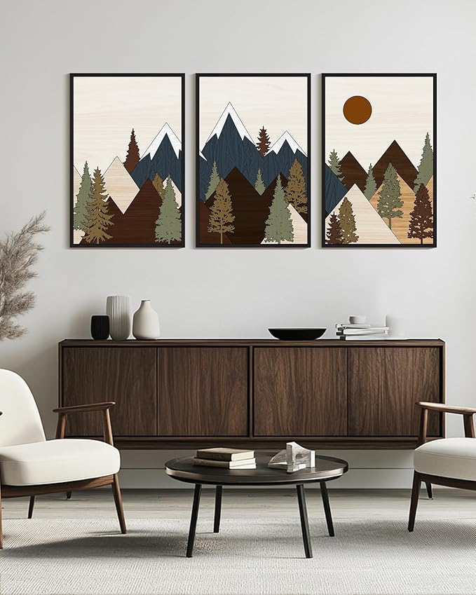 Drsoum Morden Mountains Landscape Wall Art Framed Boho Pine Tree Forest Nature Prints Boho Farmhouse Rustic Artwork Hallway Bedroom Ready to Hang 24x36in Black Framed