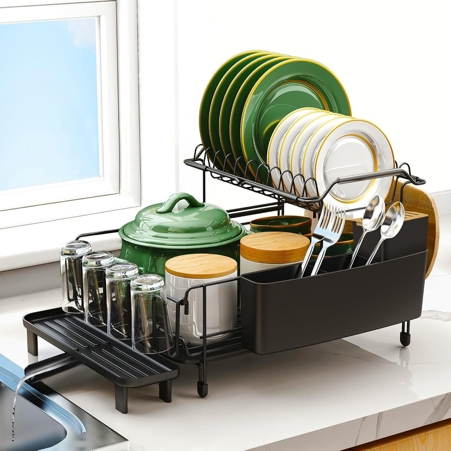 Runnatal Large Dish Drying Rack with Drainboard Set, Stainless Steel Detachable 2-in-1 Large-Capacity 2-Tier Over The Sink Anti-Rust Dish Rack and Dish Drainer for Kitchen Counter