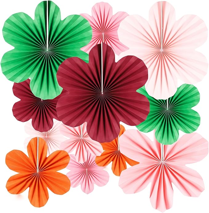 BestoFun 12 PCS Paper Flowers Fans Red Green and Pink Party Decorations Paper Flowers Decorations for Wall Girl Groovy Birthday Baby Shower Wedding Bachelorette Room Hanging Décor