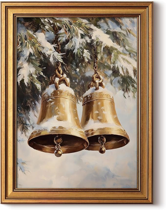 InSimSea Gold Framed Christmas Wall Art, Vintage Canvas Prints Decor, Jingle Bells Snow Paintings Wall Shelf Decor, Rustic Pictures for Winter Bedroom Holiday Decoration Gifts, 12x16inch