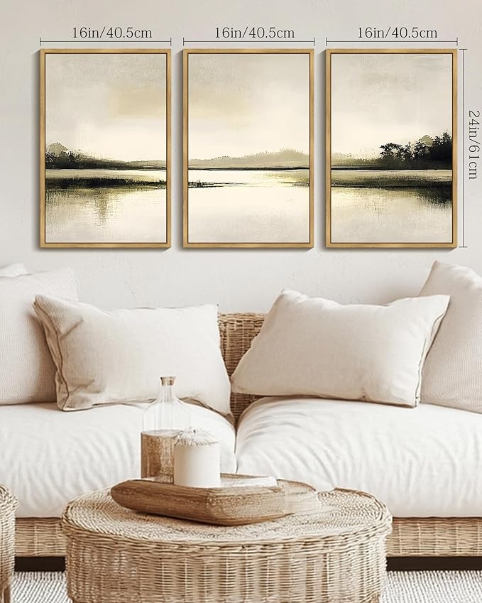 Drsoum Vintage Black Gray Abstract Laker Landscape Wall Art Framed Brown Tan Neutral Prints Minimalist Modern Rustic Artwork Bedroom Living Room Ready to Hang 16x24in Natural Framed