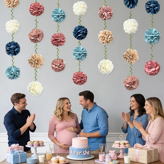 Dusty Rose Pink Blue Khaki Beige Tissue Paper Flowers Pom Pom with Leaf Ribbon Hanging Garland Streamer for Gender Reveal Baby Shower He or She Boy or Girl Vintage Themed Party Decorations Supplies