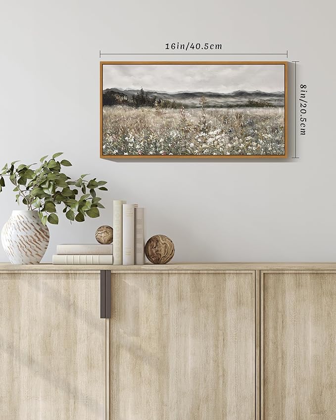 SHENIFY Vintage Framed Wall Art Meadow with Flowers Landscape Painting Retro Scenery Farmhouse Bedroom Living Room Decor - 8x16in Natural Framed