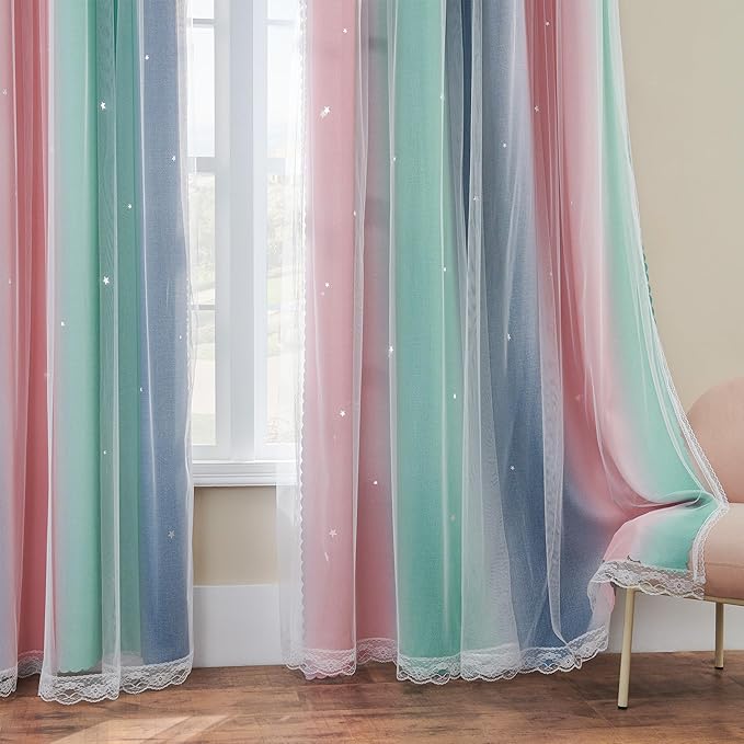 XiDi Curtains for Bedroom Decor, Rainbow Pinkgreen grey34/96