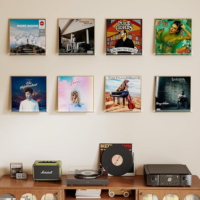 8 Pack Vinyl Record Shelf Wall Mount, 12-Inch Clear Acrylic Album Storage Holder, Floating Display Shelves for Wall Decor, Magazine Shelf, Kids Bookshelf, Suitable for Bedroom, Living Room