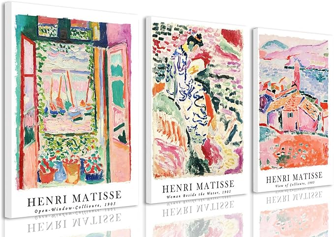 LYPHNX Framed Henri Mattise Canvas Wall Art Colorful Abstract Prints Poster Set of 3 Vintage Aesthetic Painting Picuter Floral Botanical Home Decor for LIving Room Bedroom Girls Room 12"x16"