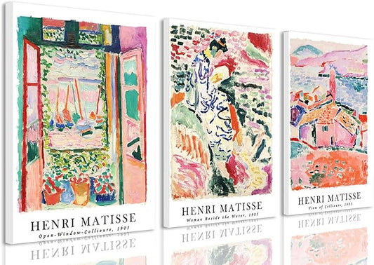 LYPHNX Framed Henri Mattise Canvas Wall Art Colorful Abstract Prints Poster Set of 3 Vintage Aesthetic Painting Picuter Floral Botanical Home Decor for LIving Room Bedroom Girls Room 12"x16"