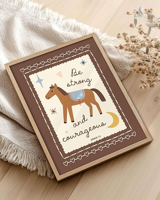 KensTro Christian Nursery Decor Framed Wall Art, 12x16 in Boho Christian Bible Verse Quote Canvas Wall Art,Be Strong and Courageous Horse Art Print Children Playroom Bedroom Decor Set of 1