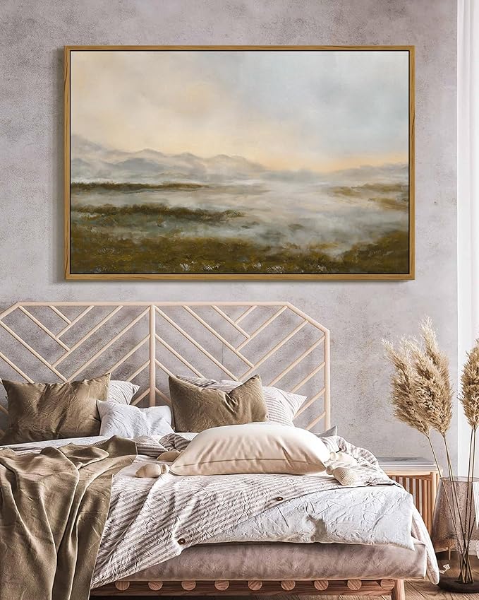 SHENIFY Vintage Framed Wall Art Rustic Foggy Mountain Landscape Scenery Home Decor Retro Wilderness Decorations for Farmhouse Bedroom Ready to Hang Wall Artwork - 24x36in Natural Framed