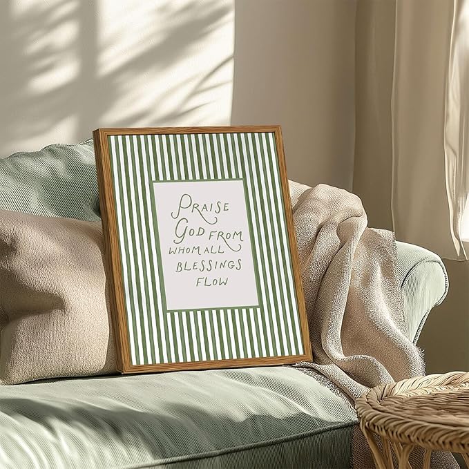 Framed Christian Wall Art, Praise God From Whom All Blessings Flow Scripture Pictures Wall Decor, Sage Green Striped Bible Verse Paintings Canvas Prints Religious Home Decor for Living Room 16x24 inch
