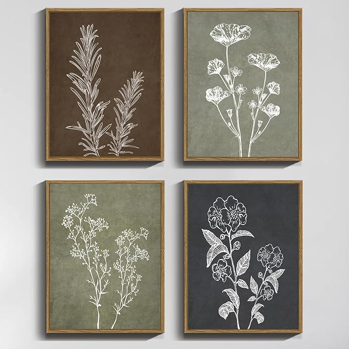 Drsoum Botanical Wall Art Framed Boho Wall Art Decor Wooded Vintage Print Modern Farmhouse Home Kitchen Decor 11x14inx4pcs