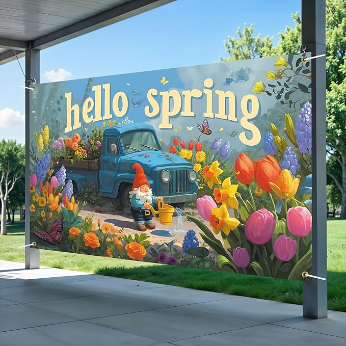 Hello Spring Backdrop 71'' x 43'' Hello Spring Banner Gnome Daisy Butterfly Backdrop Decorations for Photography Background Photo Prop Booth