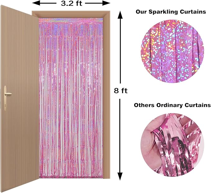 Melsan Hot Pink Foil Fringe Curtains – 3 Pack 3.2 x 8.2 ft Shiny Tinsel Backdrop for Bachelorette Party, Disco Y2K Decorations, Girls Birthday & Photo Booth Backdrop