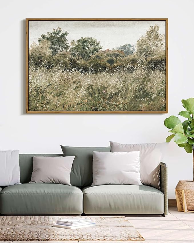 SHENIFY Vintage Landscape Framed Wall Art Meadow Scenery Farmhouse Decor Retro Painting for Living Room Bedroom Ready to Hang Wall Artwork - 24x36in Natural Framed