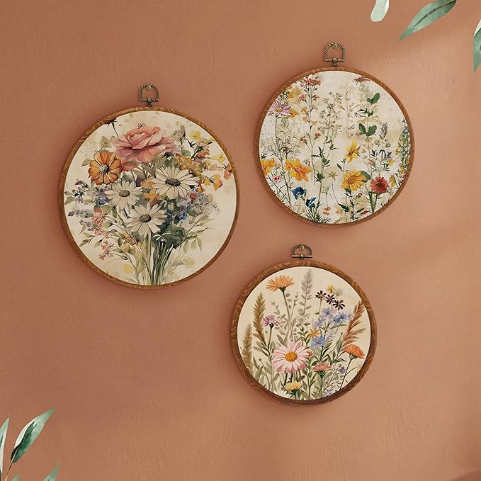 Fiwochic 3 Pcs Round Wildflowers Boho Wall Decor Vintage Flowers Wall Artwork Spring Floral House Artwork Flowers Painting Canva Print Framed Art Farmhouse Nature Hanging Boho Decor for Bedroom