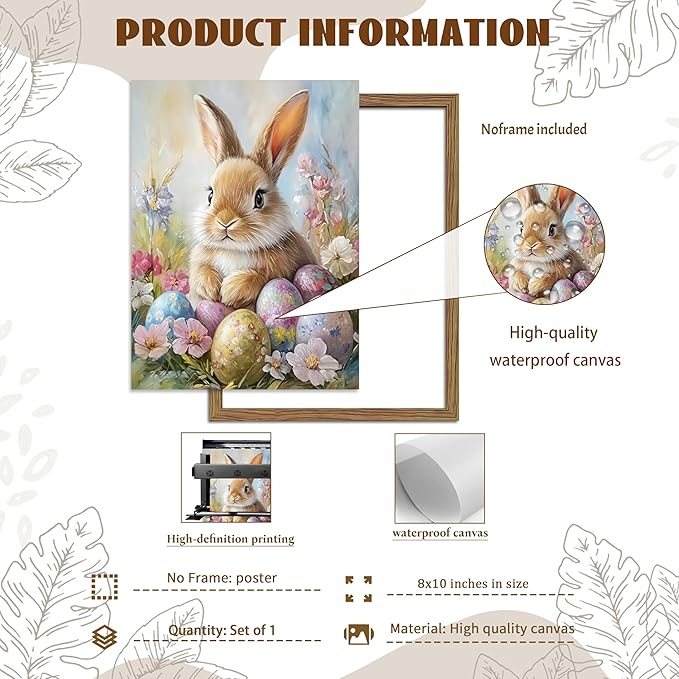 Easter Bunny Wall Art Poster, Cute Bunny with Eggs Picture Prints, Vintage Cottage Holiday Theme Canvas Artwork, Modern Farmhouse Wall Decor for Kids Room Bedroom Living Room 12x16in Unframed