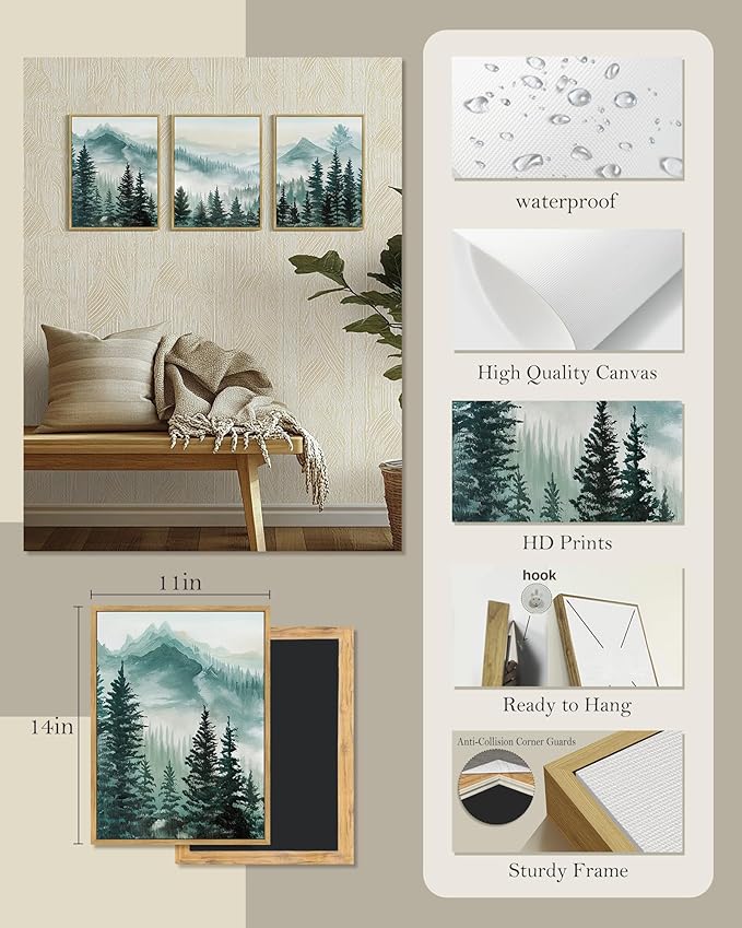 SHENIFY Fog Pine Green Tree Forest Canvas Wall Art 11x14in Framed Nordic Nature Modern Artwork Prints Decor - Natural Framed