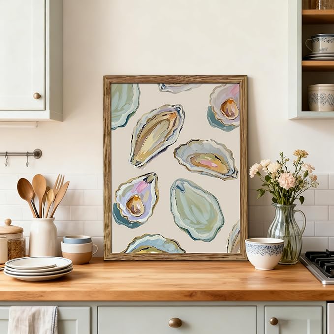 Framed Oyster Shell Canvas Wall Art, Colorful Abstract Wall Art Print, Coastal Beach House Wall Decor, Summer Dining Room Picture Poster, Modern Kitchen Oyster Oil Painting Artwork 12x16 inch