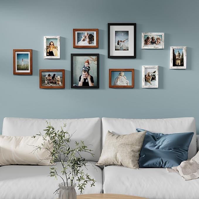 Vittanly 10 Pack Picture Frames, Picture Frames Collage Wall Decor with Two 8x10, Four 5x7, Four 4x6 Frames, Gallery Wall Frame Set for Wall or Tabletop Display, Black, Walnut Brown, Distressed White