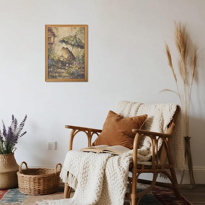 3D Textured Framed Vintage Frog Wall Art, Rustic Farmhouse Animal Wall Decor, Funny Frog with Umbrella Sandstone Painting, Whimsical Cottagecore Picture for Living Room Bedroom 16x24 Inch