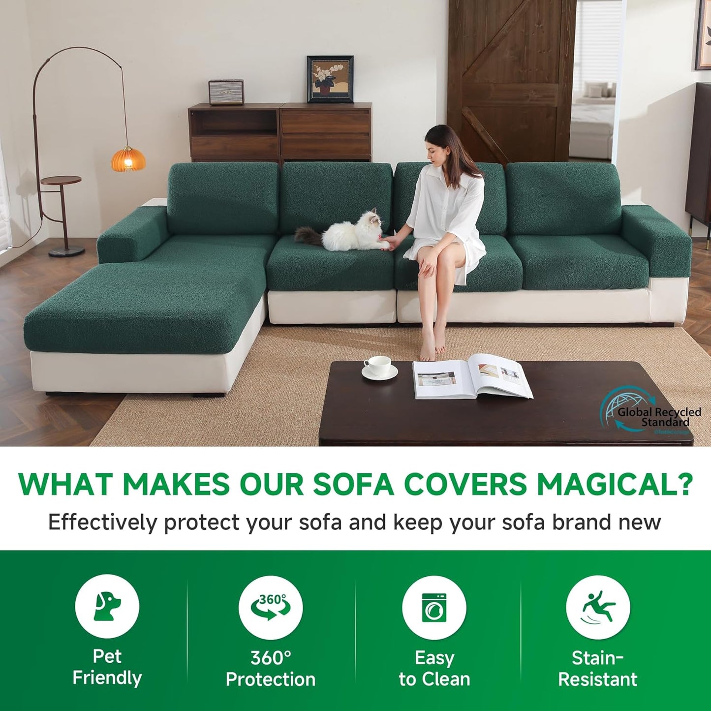 Couch Cushion Covers for Sectional Sofa, Stretch Soft Sofa Slipcovers Washable Wear-Resistant Universal Furniture Protector for Living Room(1 Piece Loveseat Cover, Green)
