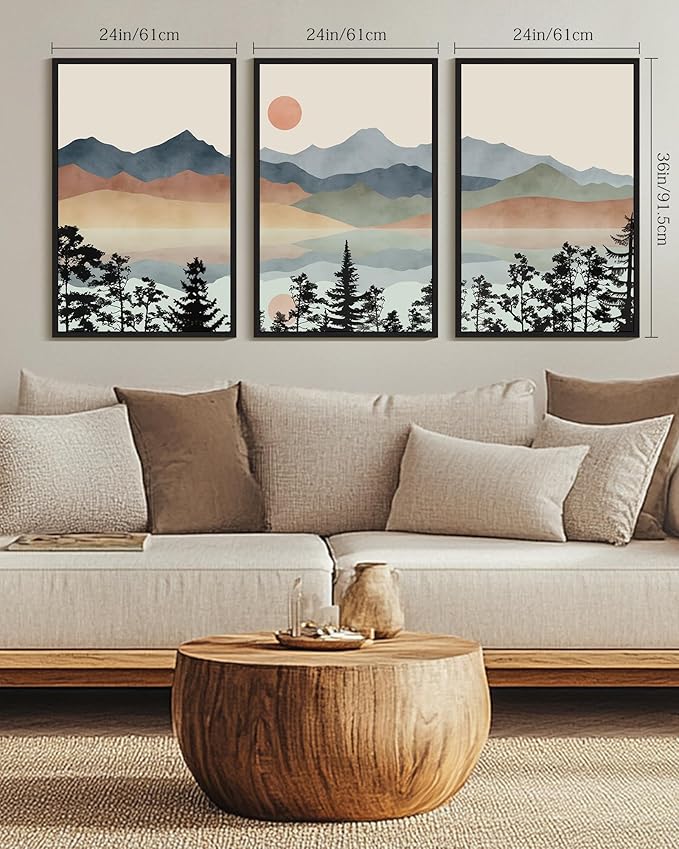Drsoum Mountain Range Landscape Wall Art Framed Ink Wash Watercolor Nature Wall Decor Laker Sun Rises Prints Bedroom Living Room Ready to Hang 24x36in Black Framed