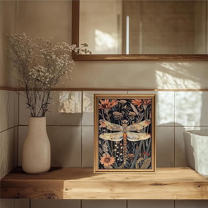 Aroutde Vintage Framed Dragonfly Canvas Wall Art Retro Drak Green Dragonfly Flowers Printing Nature Botanical Pictures for Living Room Bedroom Gallery Decor (16L''x12W'')
