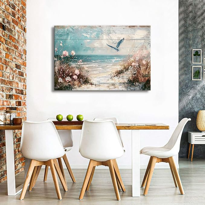 Large Ocean Beach Wall Art Seagull Wall Decor Coastal Picture Canvas Prints Nautical Painting Watercolor Seabird Beach Poster Vintage Seascape Artwork for Kitchen Living Room Home Decoration 32x48"