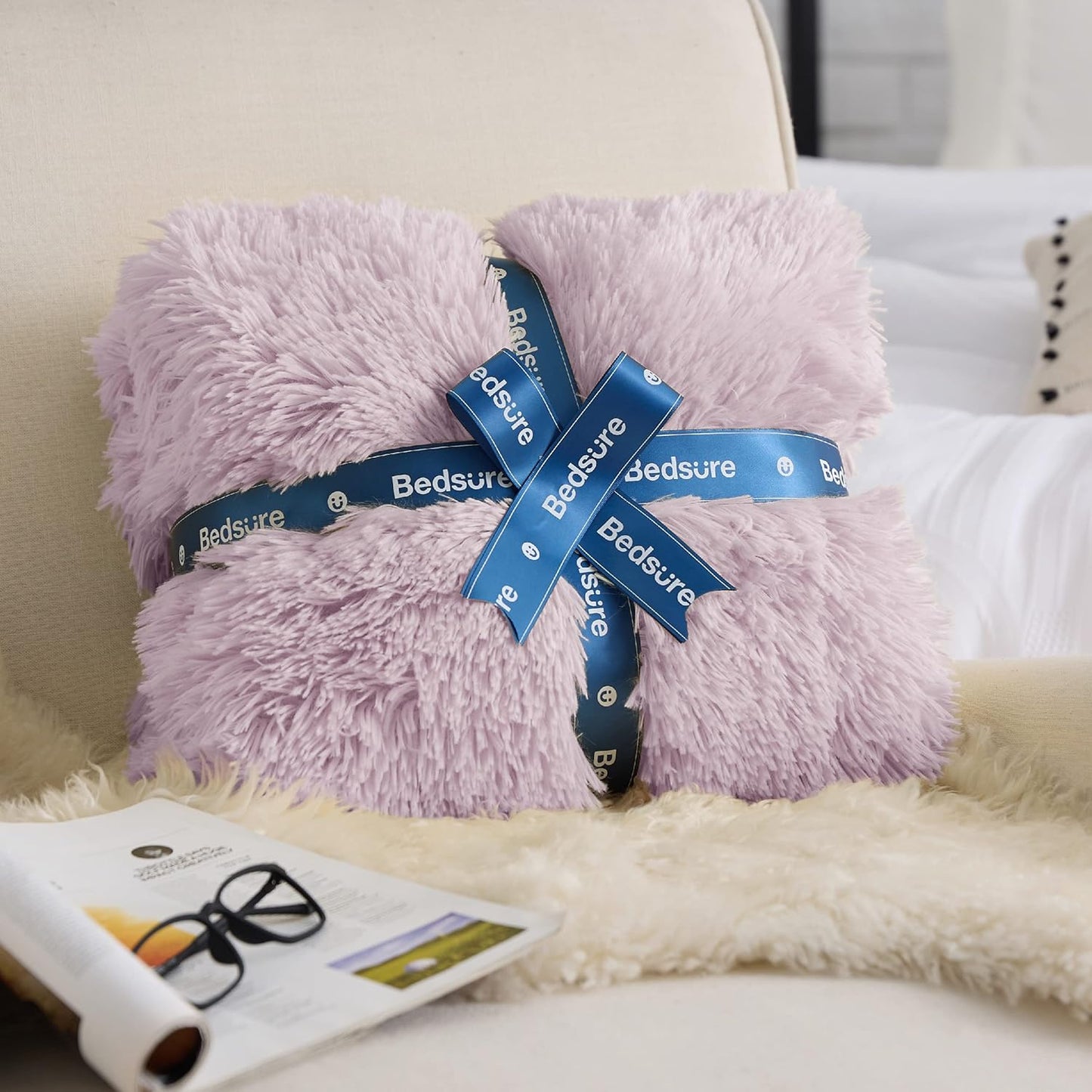 Bedsure GentleSoft Fuzzy Sherpa Faux Fur Twin Blanket Lavender Purple Cozy Gifts for Women Men, Soft Fleece Plush Warm Thick Blanket Twin Size for Bed, Room Dorm Essentials Purple Decor Gifts, 60x80