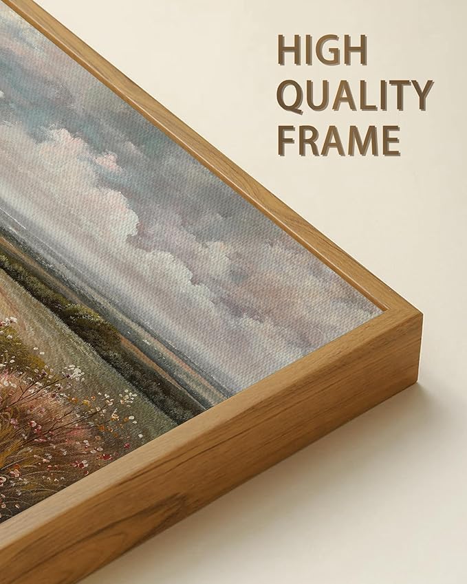SHENIFY Vintage Landscape Framed Wall Art Rustic Countryside Wildflower Field Farmhouse Decor Retro Meadow with Flowers Painting for Kitchen Bedroom Living Room Bathroom - 8x16in Natural Framed