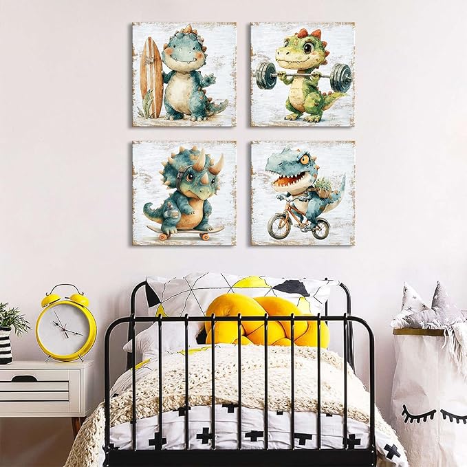Watercolor Dinosaur Canvas Wall Art Baby Toddler Bedroom Decor Cartoon Dino Sports Theme Pictures Wall Decor Funny Animals Bike Surfing Paintings Prints Posters Artwork Nursery Decoration 16x16in 4Pcs