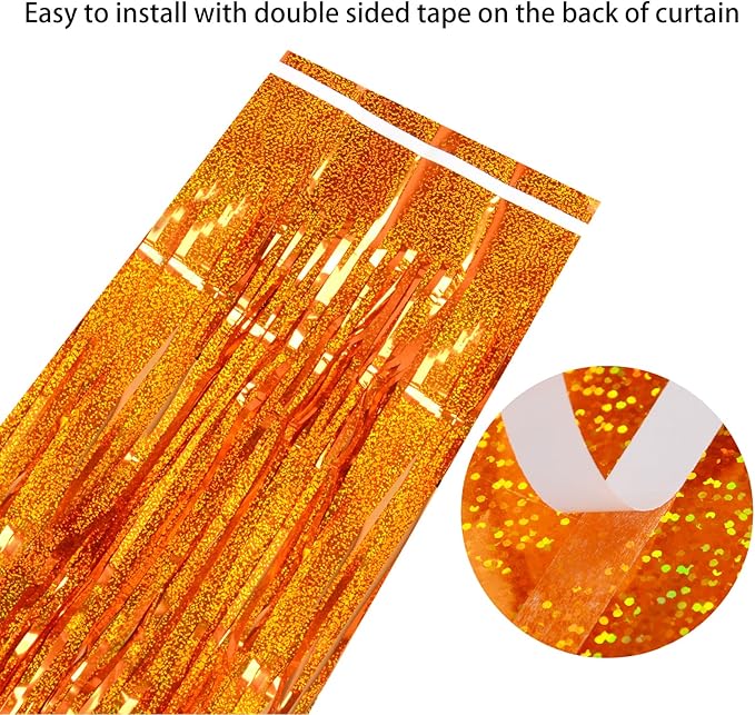 Upgraded Thicker Melsan Tinsel Fringe Curtain, 3 Pack 3.2 x 8.2 ft Orange Metallic Streamers with Extra Tape, for Basketball Party Decorations Thanksgiving Birthday Baby Shower Graduation Party Decor