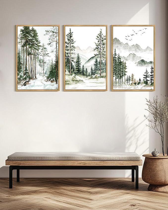 Drsoum Green Tree Forest Mountain Framed Wall Art Nature Landscape Prints Morden Wilderness Artwork Hallway Bedroom Ready to Hang 24x36in Natural Framed