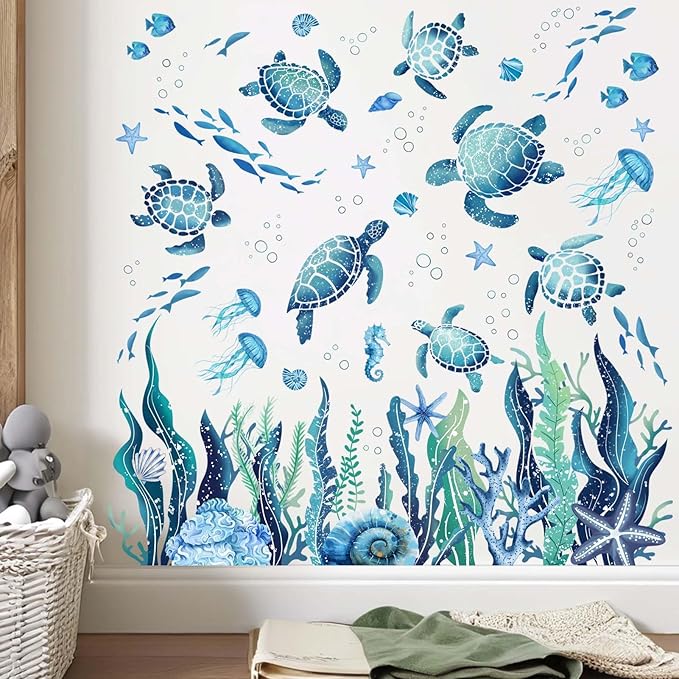 Ocean Sea Turtle Wall Stickers - Under The Sea Marine Theme Seaweed Grass Wall Decals - Baby Nursery Kids Bedroom Daycare Bathroom Wall Decor Stickers