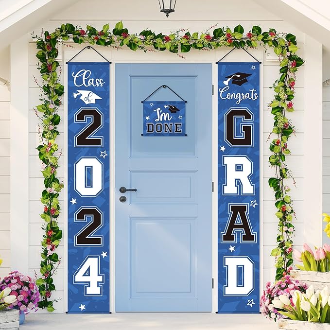 Moukeren 3 Pieces 2025 Graduation Party Decorations Graduation Porch Sign Class of 2025 Grad Hanging Porch Banner Backdrop Door Sign for Grad Party Home Door Wall Decor(Blue Black)