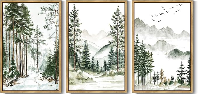 Drsoum Green Tree Forest Mountain Framed Wall Art Nature Landscape Prints Morden Wilderness Artwork Hallway Bedroom Ready to Hang 24x36in Natural Framed