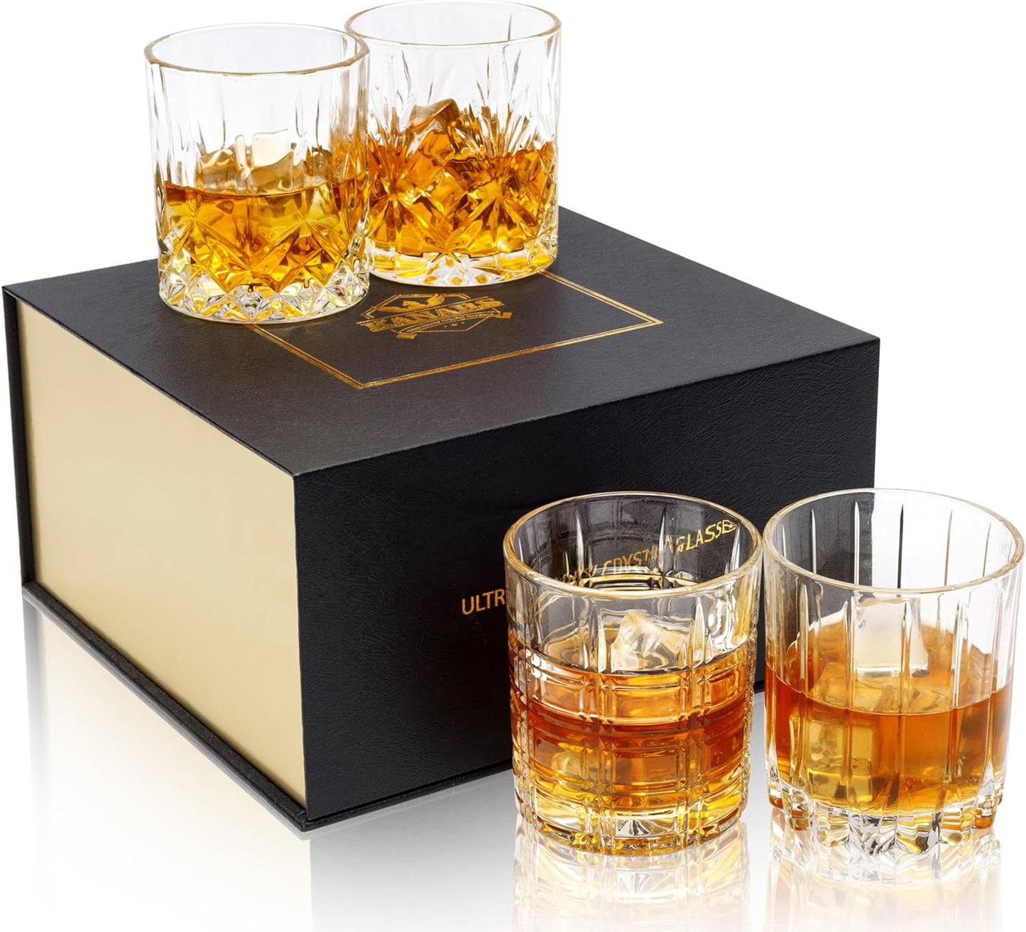 KANARS Whiskey Glasses Set of 4 - Multi Style Crystal Liquor Glasses 10 oz - Rocks Glass Barware For Scotch, Bourbon, Rum and Cocktail, Whisky Gifts for Men