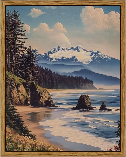 InSimSea Framed Canvas Wall Art, Vintage National Park Art for Living Room Hallway Shelf, 10x8in, Olympic Coastal Landscape Painting, Rustic Cozy Mid Century Small Nature Decor