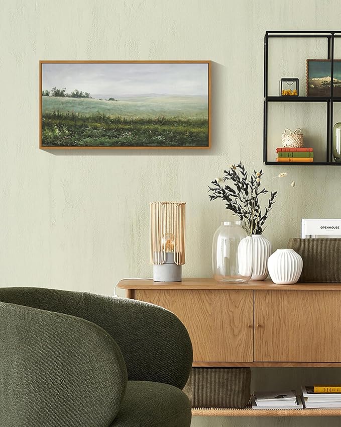 SHENIFY Vintage Framed Wall Art The Vast Grassland Landscape Painting Retro Meadow Scenery Farmhouse Kitchen Living Room Decor - 8x16in Natural Framed