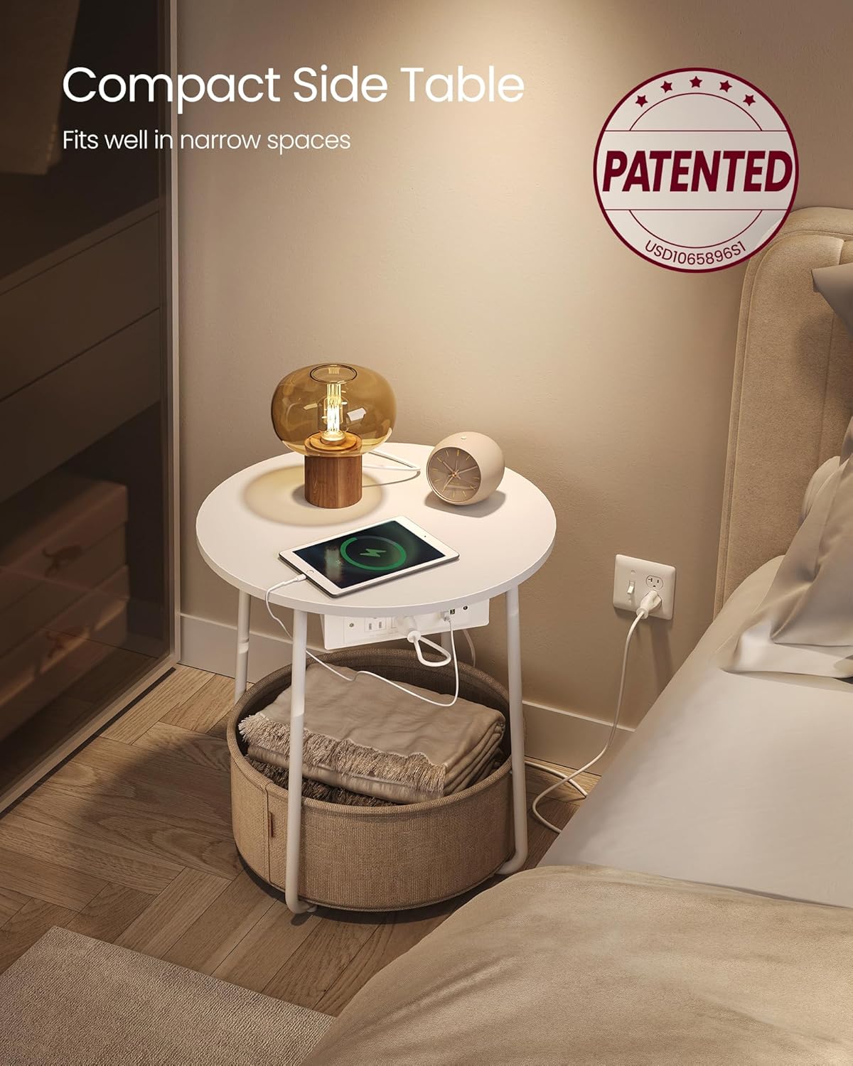VASAGLE Side Table with Charging Station, Round End Table with Fabric Basket, Nightstand with Power Outlets, USB Ports, for Living Room, Bedroom, Modern, Matte White and Camel Brown ULET228W01