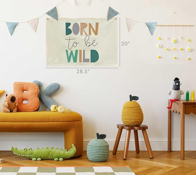 Born To Be Wild Theme Boys Nursery Banner-Rectangular Flag Sign for Baby Boy Kids-Home Bedroom Reading Room Playroom Dorm Decoration-Baby Shower Birthday Christmas Gift-Wild Theme