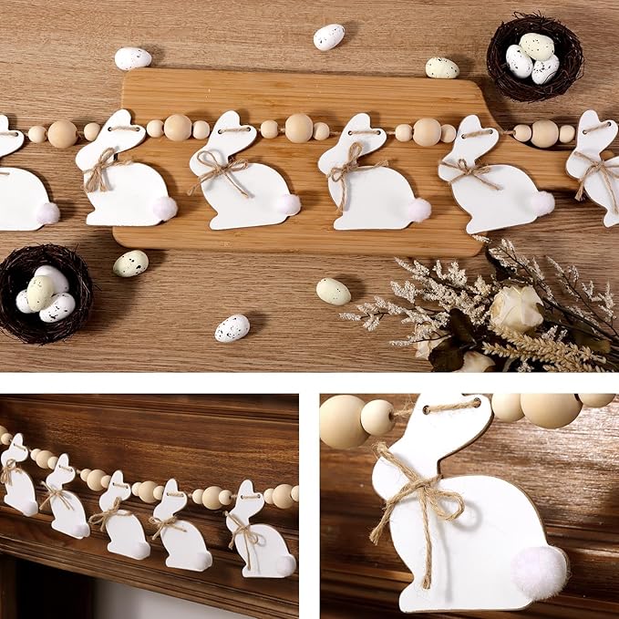 Easter Decorations Garlands, Cute Bunny Easter Garland with Wooden Beads, Rustic Banner for Mantel, Fireplace, Wall, Home, Farmhouse, Office, School Indoor Spring Decor Supplies