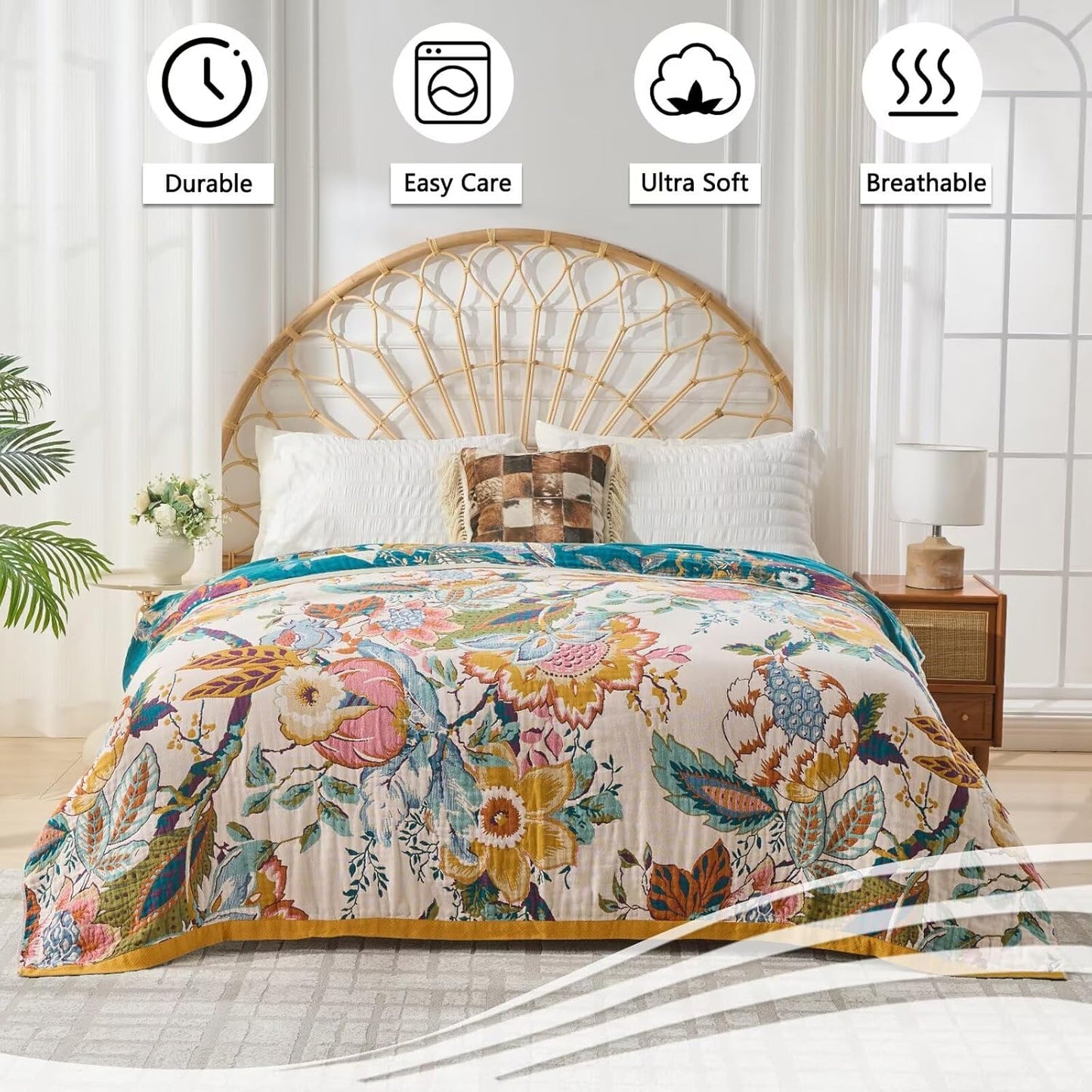 Boho Throw Blanket, Reversible Cotton Bohemian Tapestry Hippie Room Decor Double Sided, 100 Cotton King Size Bed Throw, Lightweight Summer Blanket for Travel, Sofa, Picnic,90"x98"