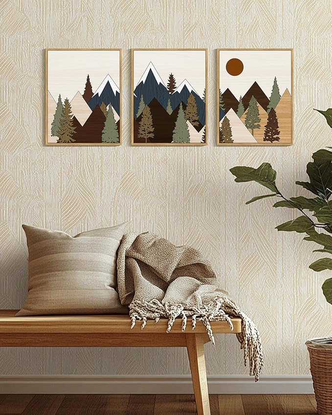Drsoum Morden Mountains Landscape Wall Art Framed Boho Pine Tree Forest Nature Prints Boho Farmhouse Rustic Artwork Hallway Bedroom Ready to Hang 11x14in Natural Framed