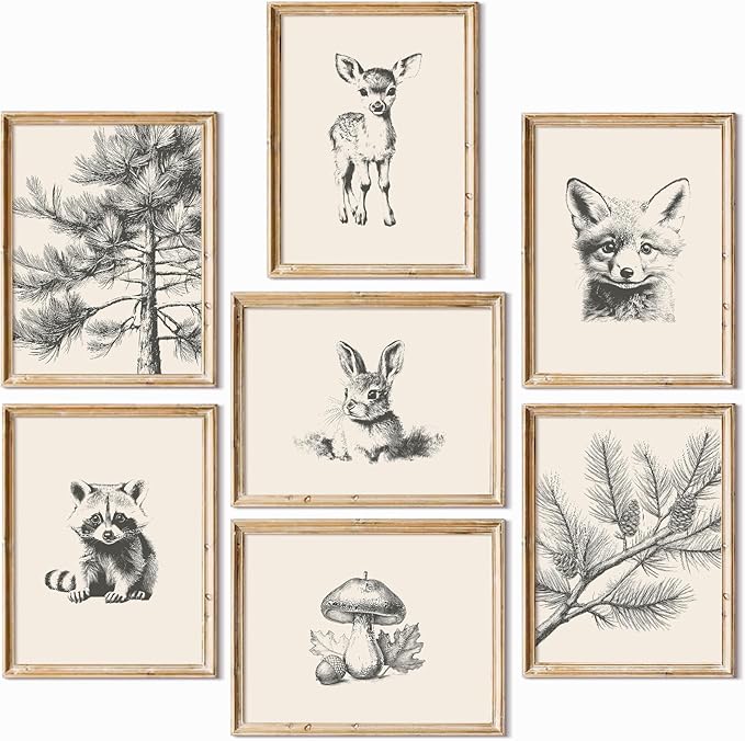 Nursery Wall Art Woodland Animal Canvas Wall Decor Baby Room Pictures Forest Animal Prints Kids Wall Art Pine Tree Poster Nature Vintage Artwork Deer Fox Painting for Bedroom 8x10x7 Inch Unframed