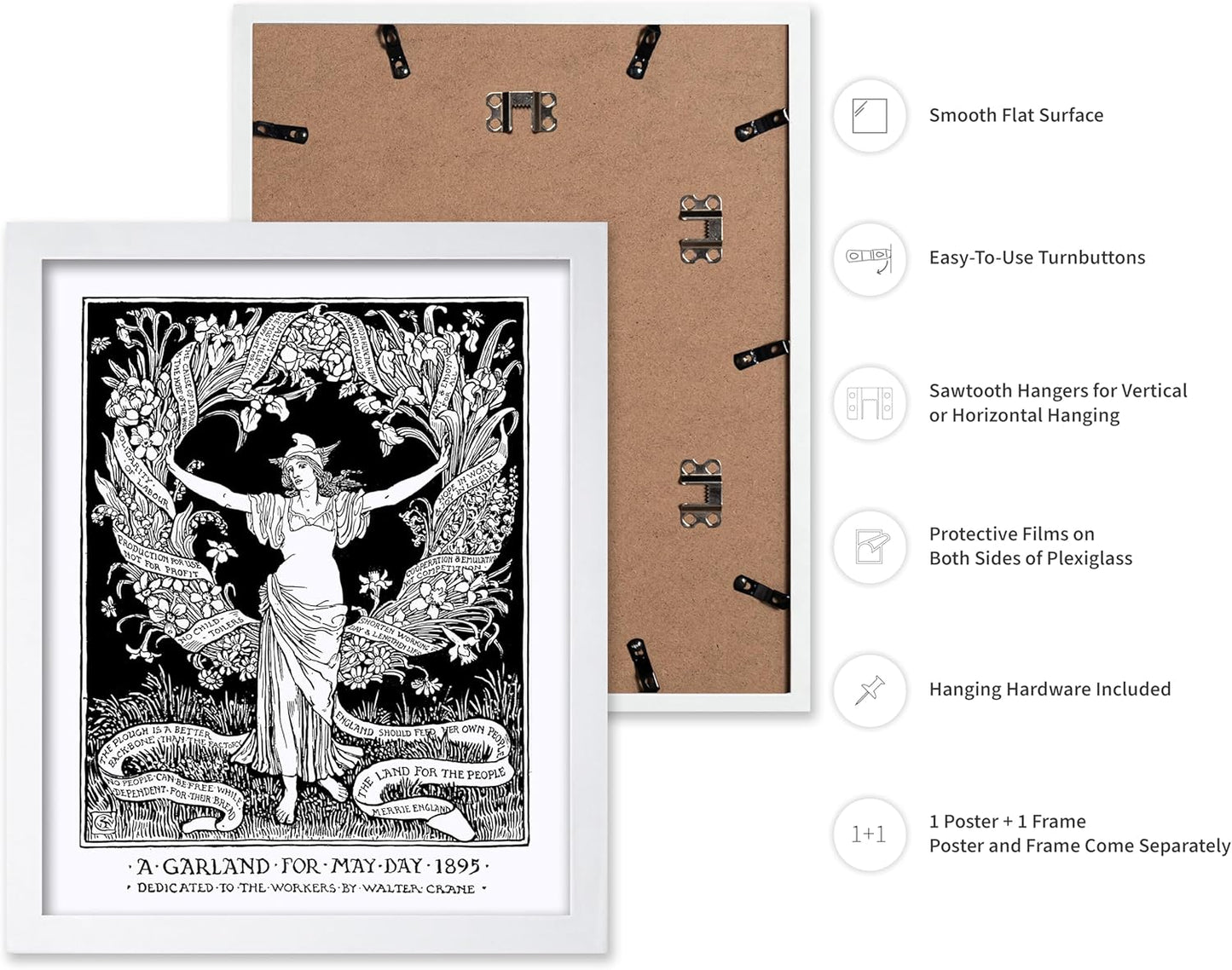 Poster Master Vintage Walter Crane Poster - Retro A Garland for May Day Print - Socialist Art - Gift for Him, Her, Men, Women - Wall Decor for Home, Office, Living Room, 16x20 White Framed